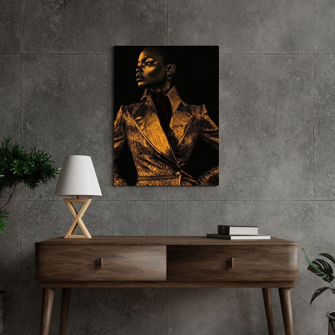 Golden Elegance: Striking Pose - Portrait Wall Art - Aestheticanvas