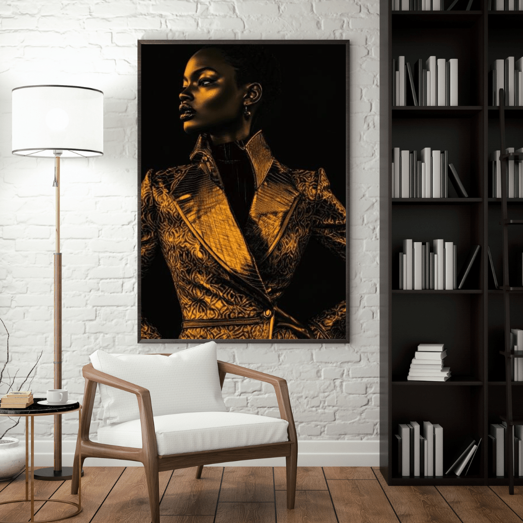 Golden Elegance: Striking Pose - Portrait Wall Art - Aestheticanvas