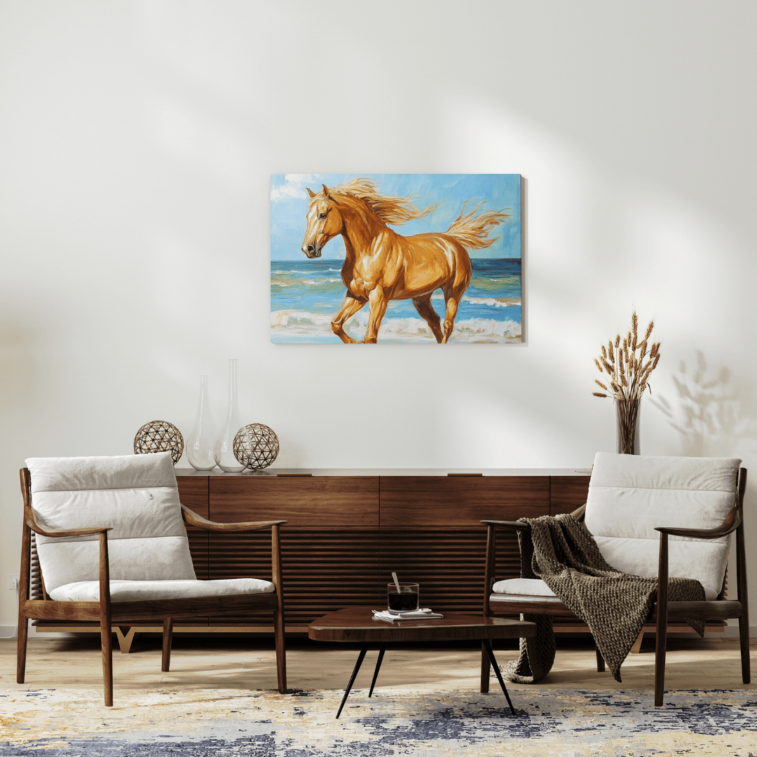 Golden Gallop by the Ocean - Horse Wall Art - Aestheticanvas