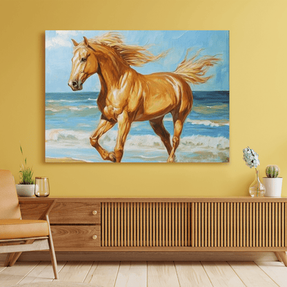 Golden Gallop by the Ocean - Horse Wall Art - Aestheticanvas