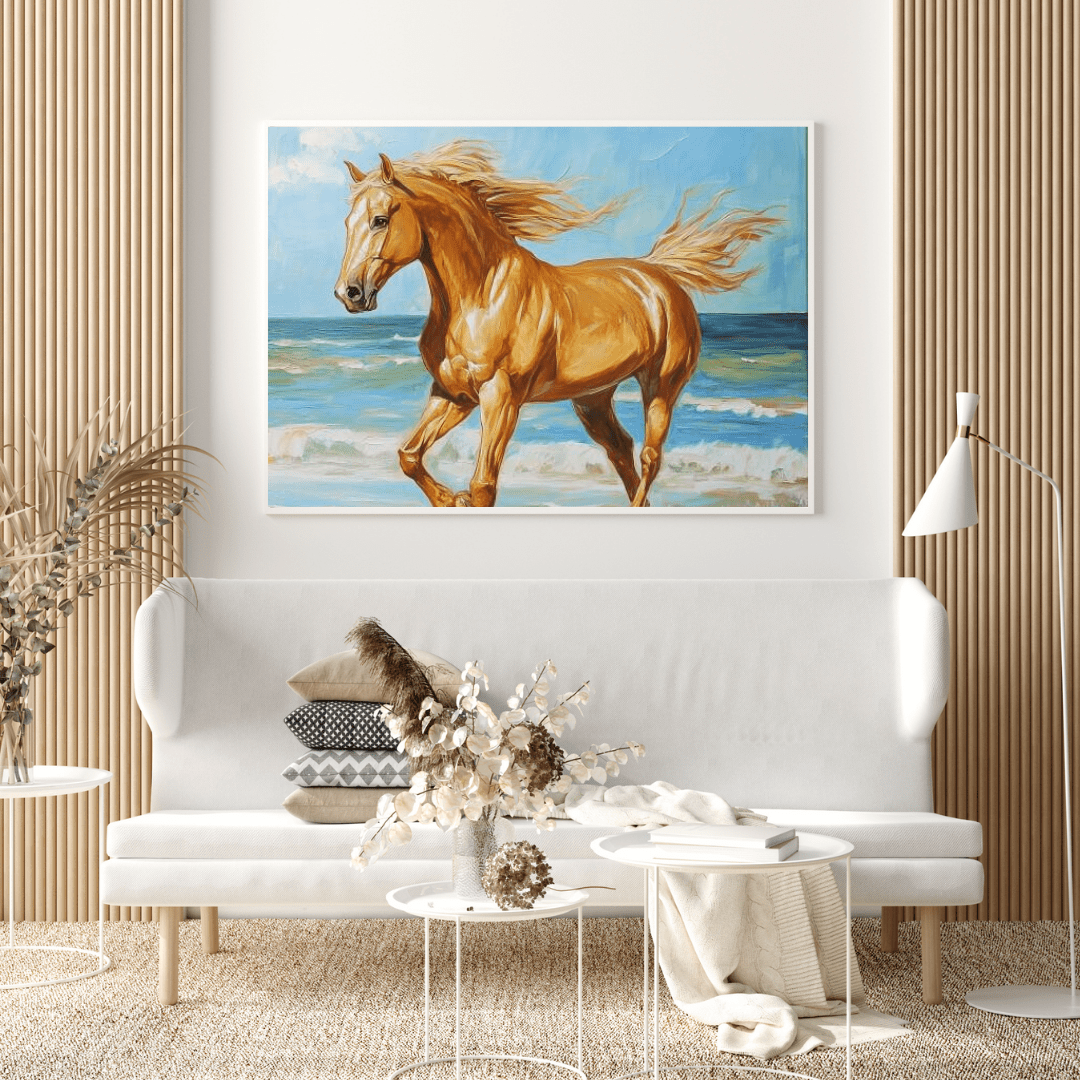 Golden Gallop by the Ocean - Horse Wall Art - Aestheticanvas