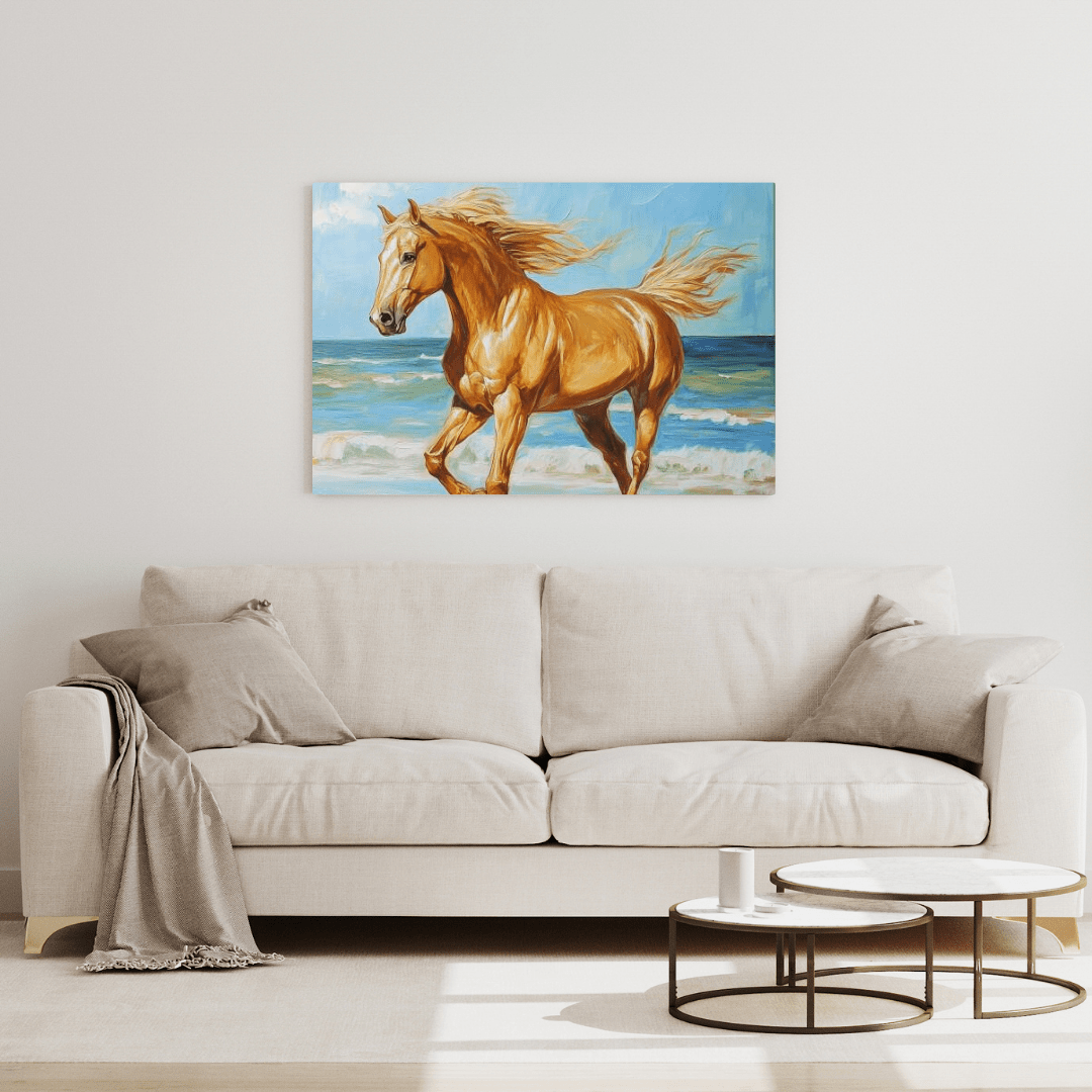 Golden Gallop by the Ocean - Horse Wall Art - Aestheticanvas