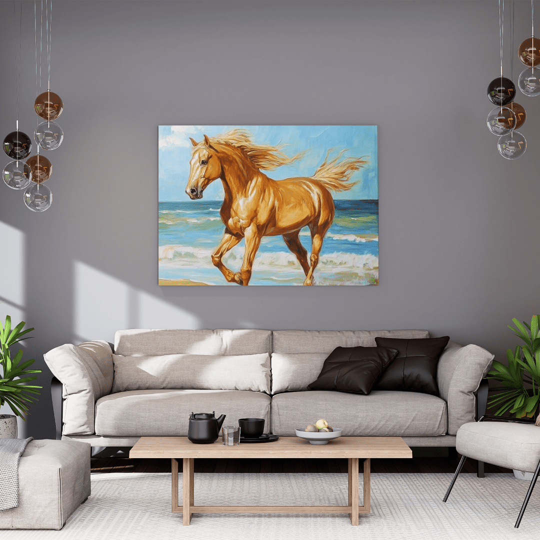 Golden Gallop by the Ocean - Horse Wall Art - Aestheticanvas