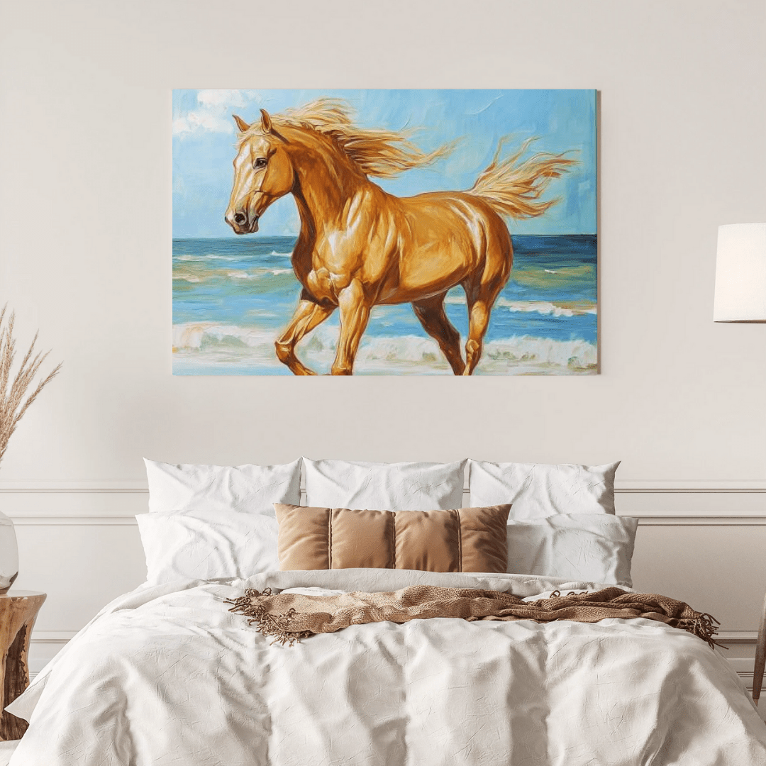 Golden Gallop by the Ocean - Horse Wall Art - Aestheticanvas