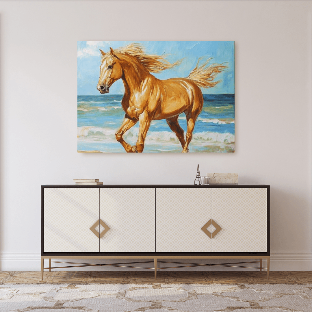 Golden Gallop by the Ocean - Horse Wall Art - Aestheticanvas