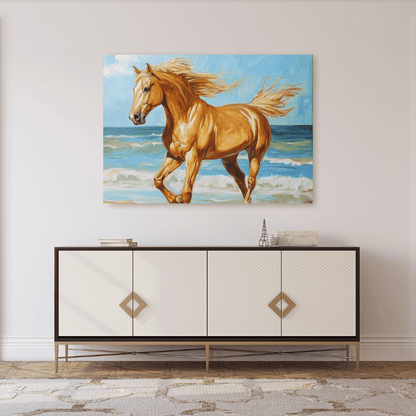 Golden Gallop by the Ocean - Horse Wall Art - Aestheticanvas