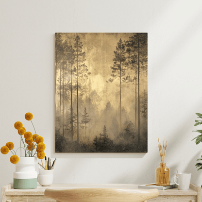 Golden Misty Forest Serenity - Landscape Wall Art - Aestheticanvas