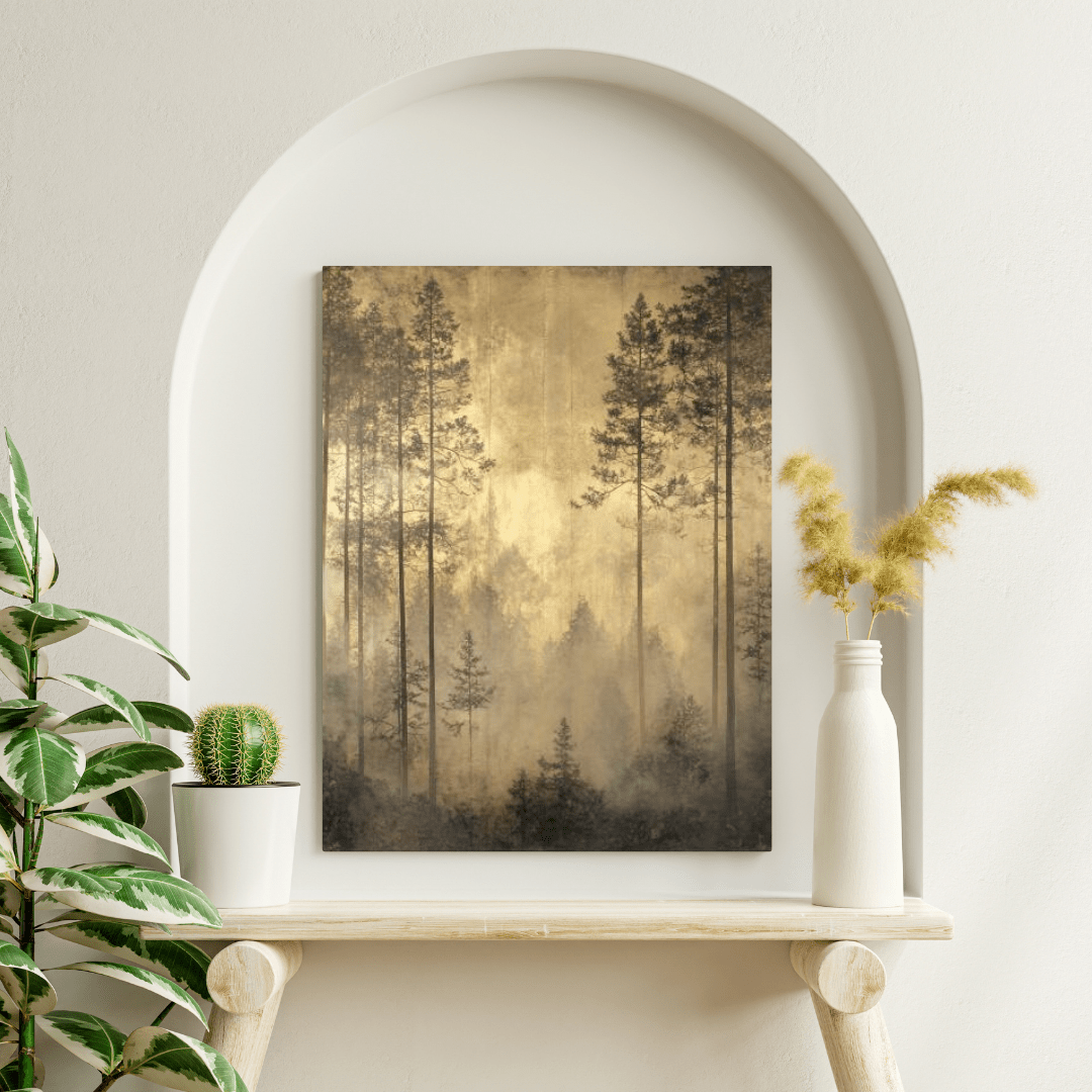 Golden Misty Forest Serenity - Landscape Wall Art - Aestheticanvas