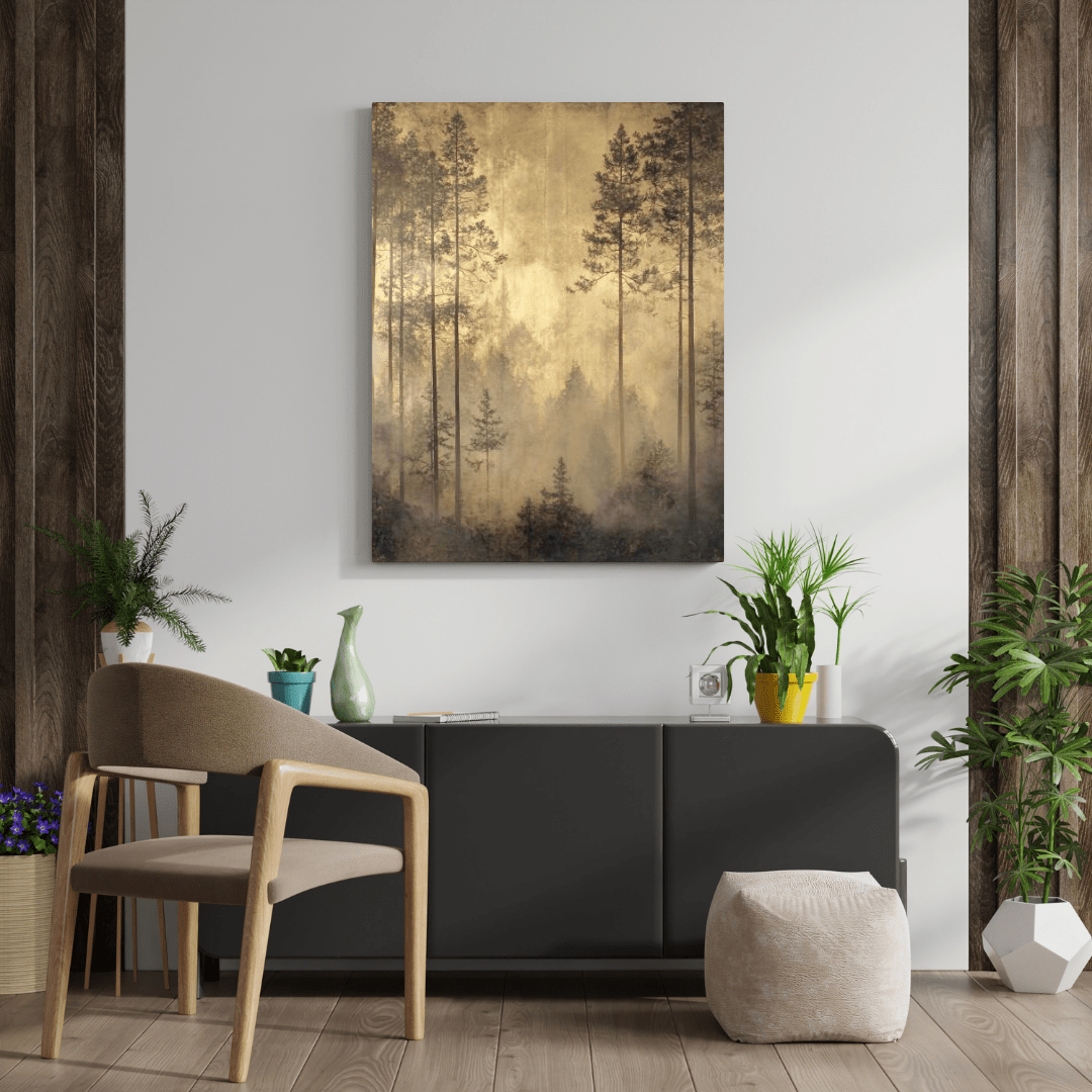 Golden Misty Forest Serenity - Landscape Wall Art - Aestheticanvas