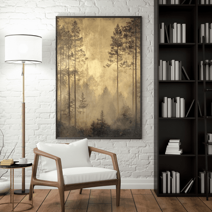 Golden Misty Forest Serenity - Landscape Wall Art - Aestheticanvas