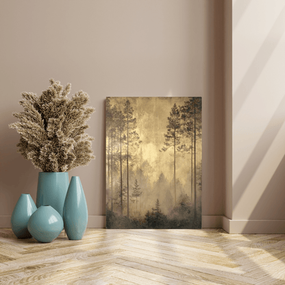 Golden Misty Forest Serenity - Landscape Wall Art - Aestheticanvas