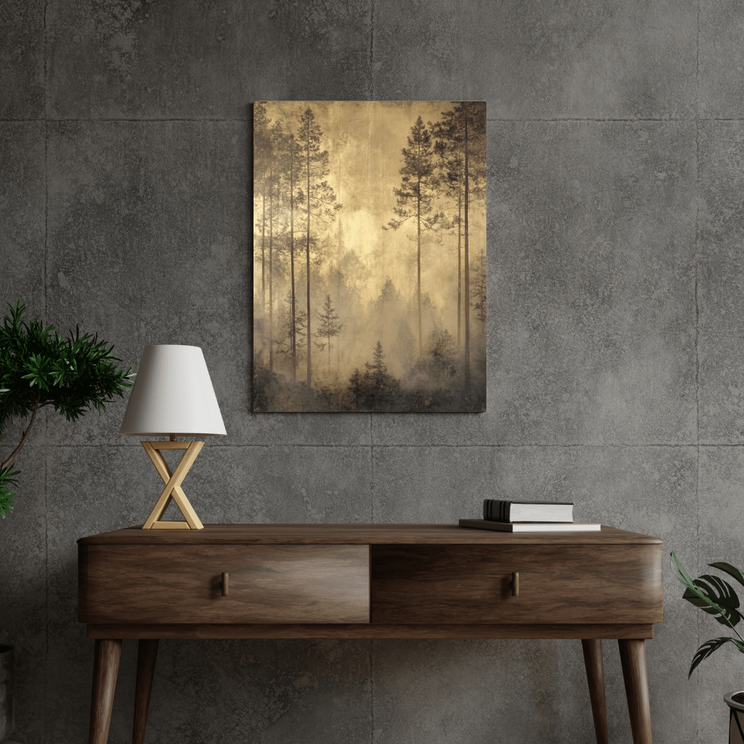 Golden Misty Forest Serenity - Landscape Wall Art - Aestheticanvas