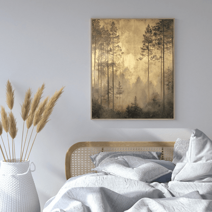 Golden Misty Forest Serenity - Landscape Wall Art - Aestheticanvas