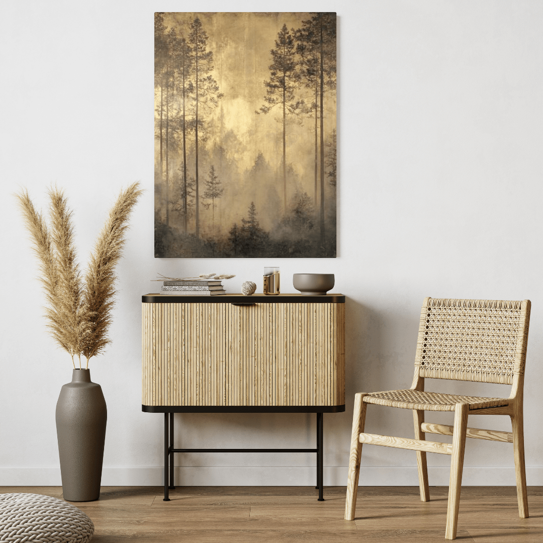 Golden Misty Forest Serenity - Landscape Wall Art - Aestheticanvas