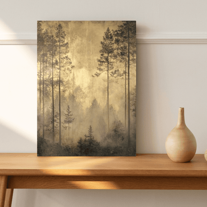 Golden Misty Forest Serenity - Landscape Wall Art - Aestheticanvas