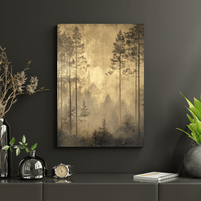 Golden Misty Forest Serenity - Landscape Wall Art - Aestheticanvas