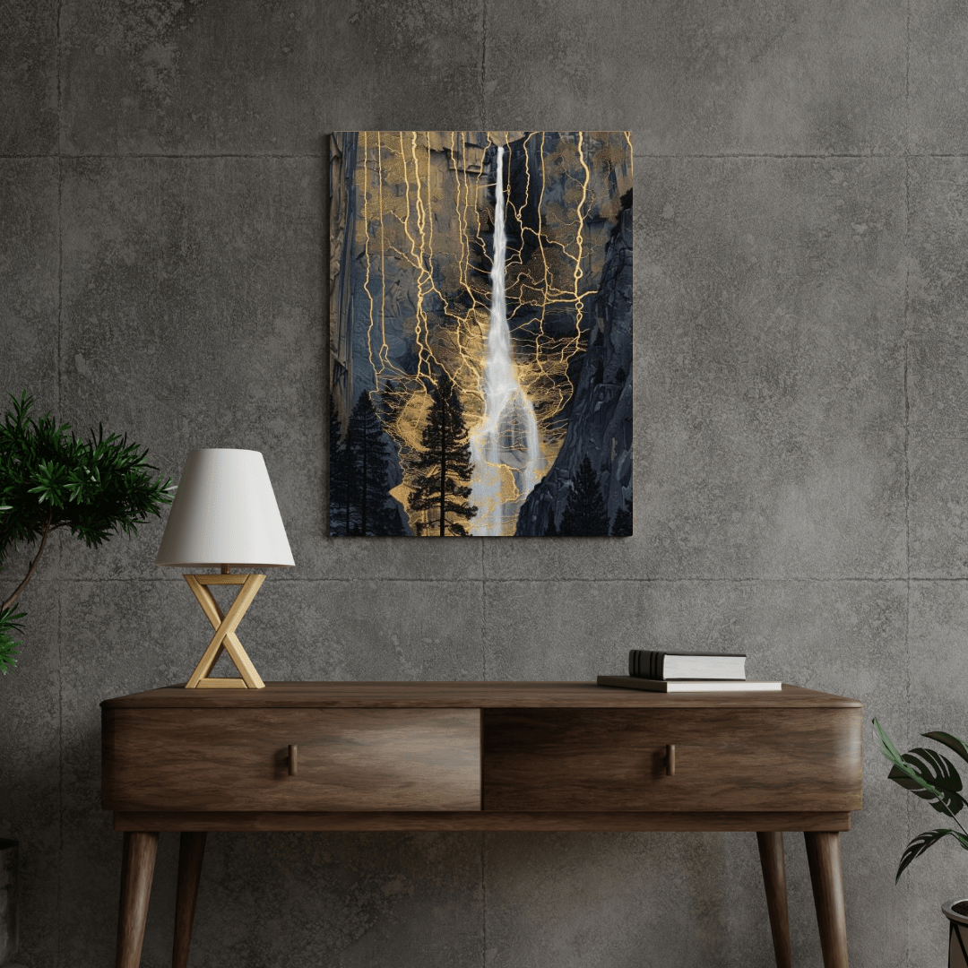 Golden Veins Waterfall Dreamscape - Landscape Wall Art - Aestheticanvas