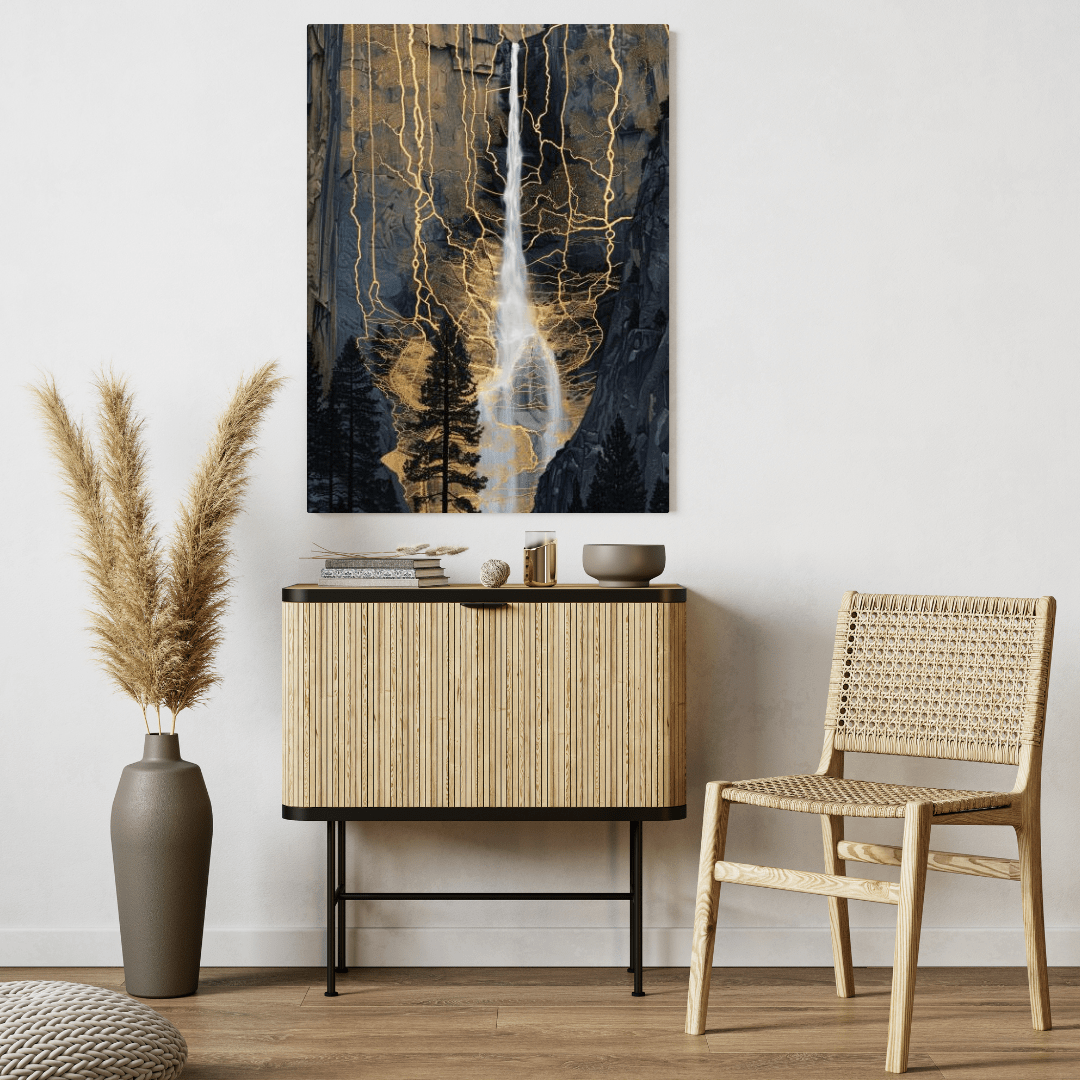 Golden Veins Waterfall Dreamscape - Landscape Wall Art - Aestheticanvas