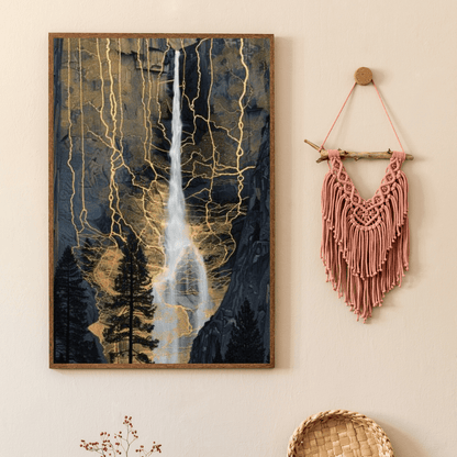 Golden Veins Waterfall Dreamscape - Landscape Wall Art - Aestheticanvas