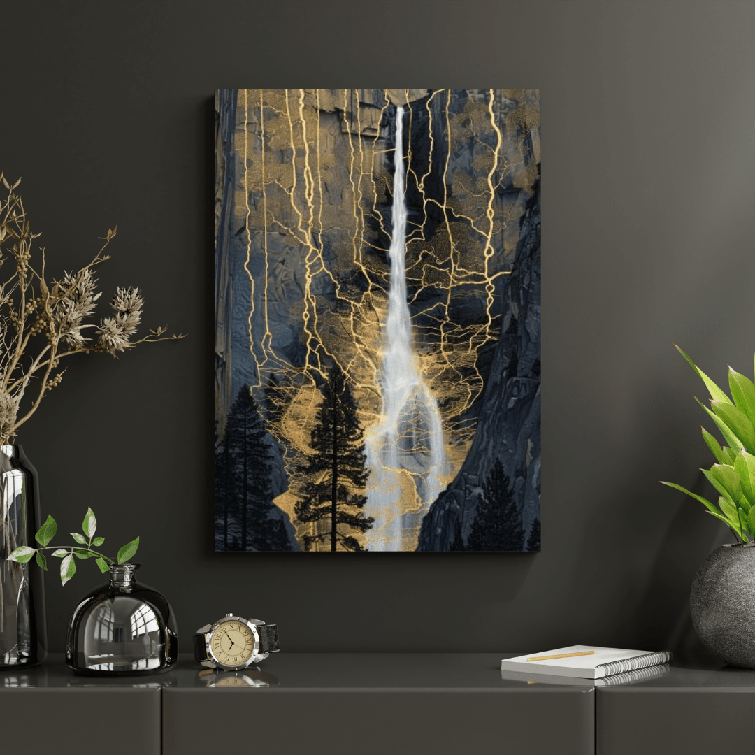 Golden Veins Waterfall Dreamscape - Landscape Wall Art - Aestheticanvas