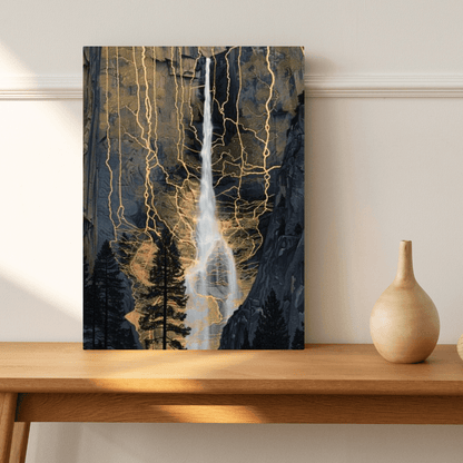 Golden Veins Waterfall Dreamscape - Landscape Wall Art - Aestheticanvas