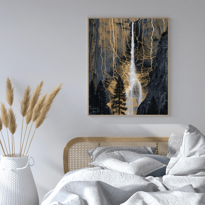 Golden Veins Waterfall Dreamscape - Landscape Wall Art - Aestheticanvas