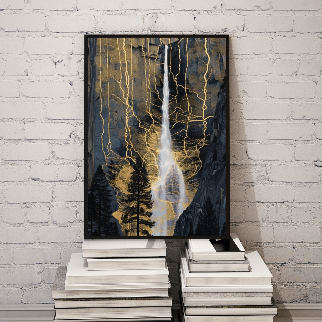 Golden Veins Waterfall Dreamscape - Landscape Wall Art - Aestheticanvas