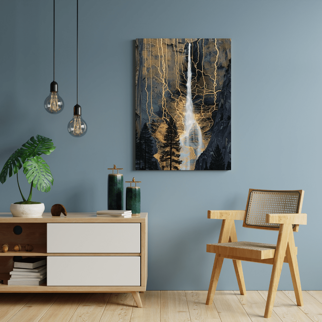 Golden Veins Waterfall Dreamscape - Landscape Wall Art - Aestheticanvas