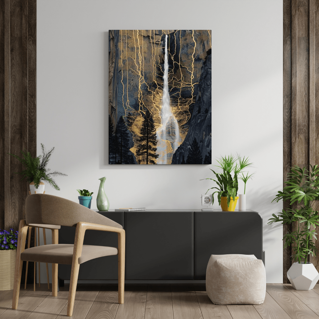 Golden Veins Waterfall Dreamscape - Landscape Wall Art - Aestheticanvas