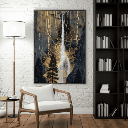 Golden Veins Waterfall Dreamscape - Landscape Wall Art - Aestheticanvas