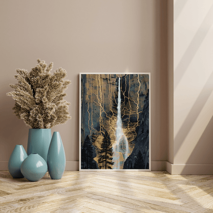 Golden Veins Waterfall Dreamscape - Landscape Wall Art - Aestheticanvas