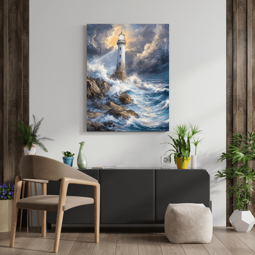 Guiding Lighthouse Amidst Stormy Seas - Nautical Wall Art - Aestheticanvas