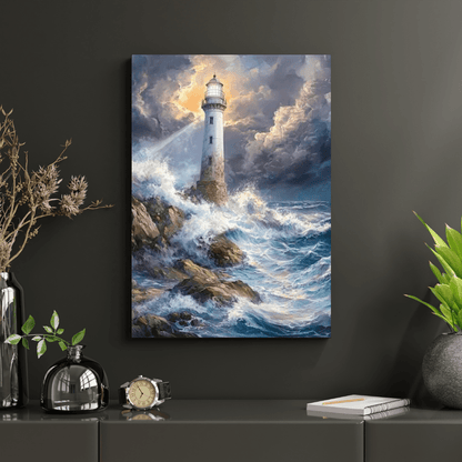 Guiding Lighthouse Amidst Stormy Seas - Nautical Wall Art - Aestheticanvas