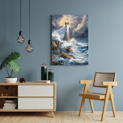 Guiding Lighthouse Amidst Stormy Seas - Nautical Wall Art - Aestheticanvas