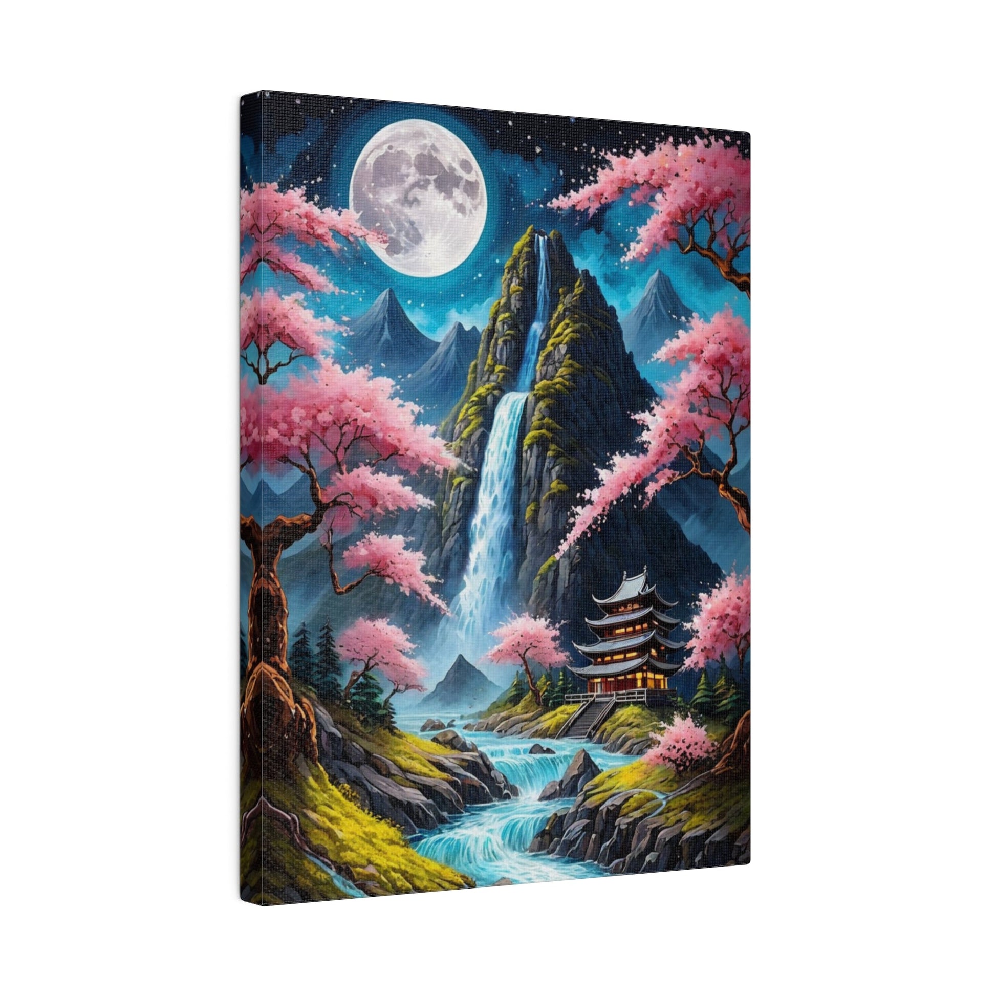 Japanese Temple & Waterfall - Wall Art - Aestheticanvas