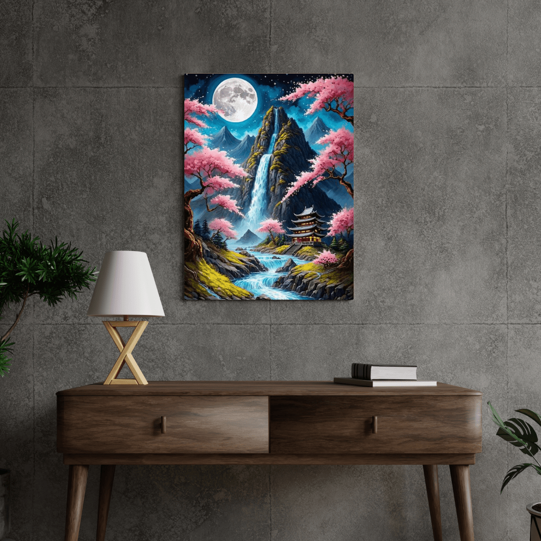 Japanese Temple & Waterfall - Wall Art - Aestheticanvas