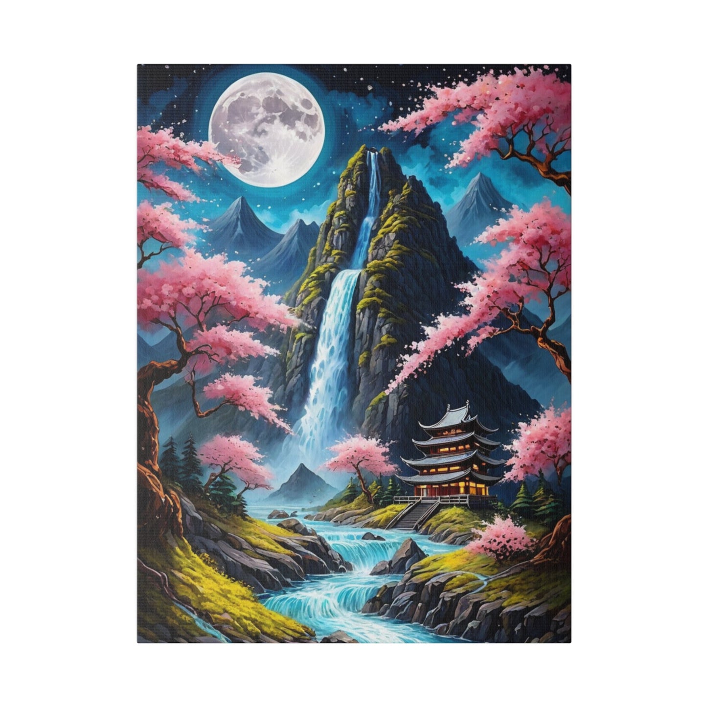 Japanese Temple & Waterfall - Wall Art - Aestheticanvas