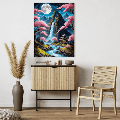 Japanese Temple & Waterfall - Wall Art - Aestheticanvas