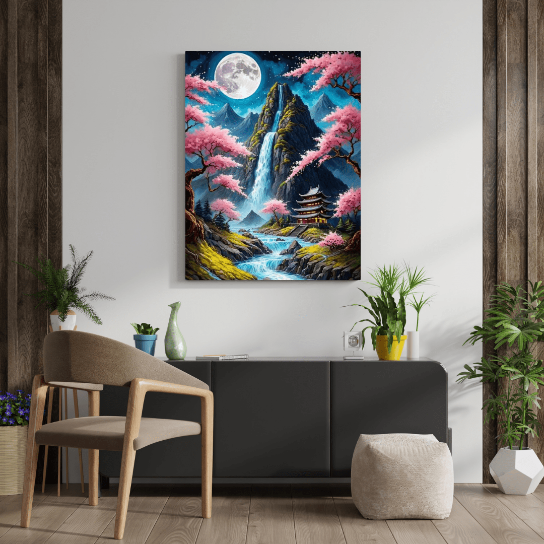 Japanese Temple & Waterfall - Wall Art - Aestheticanvas