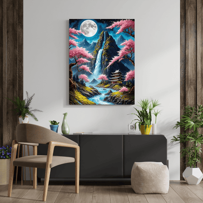 Japanese Temple & Waterfall - Wall Art - Aestheticanvas