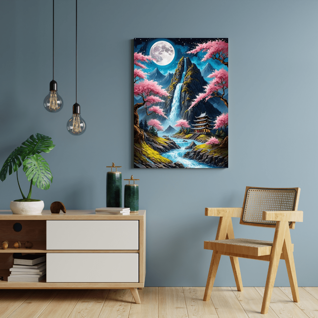 Japanese Temple & Waterfall - Wall Art - Aestheticanvas