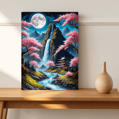 Japanese Temple & Waterfall - Wall Art - Aestheticanvas