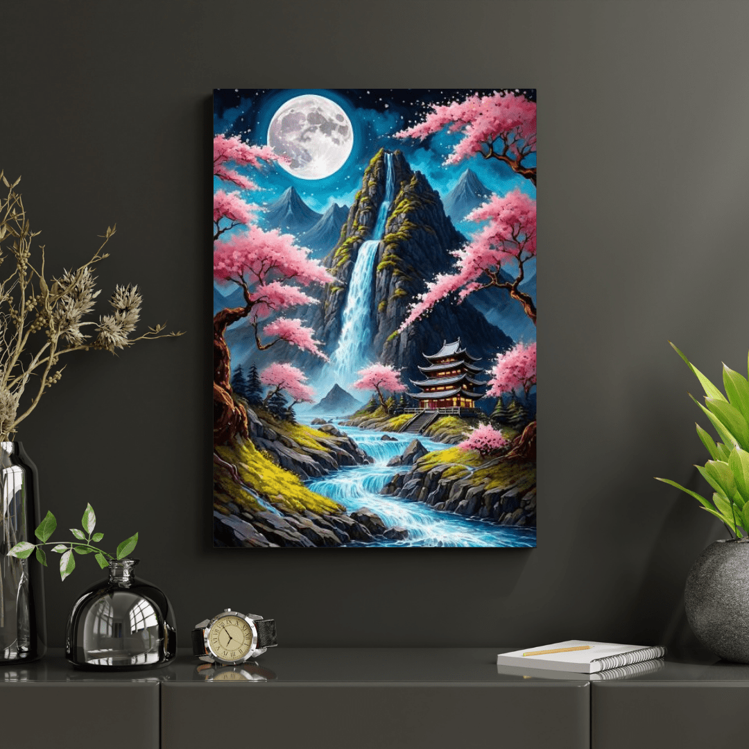 Japanese Temple & Waterfall - Wall Art - Aestheticanvas