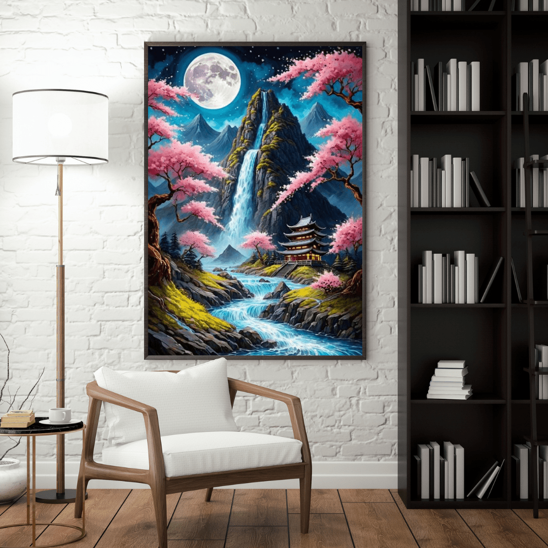 Japanese Temple & Waterfall - Wall Art - Aestheticanvas