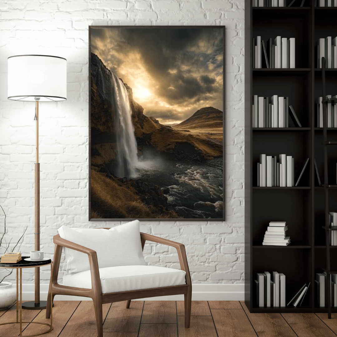 Majestic Waterfall at Sunset - Landscape Wall Art - Aestheticanvas