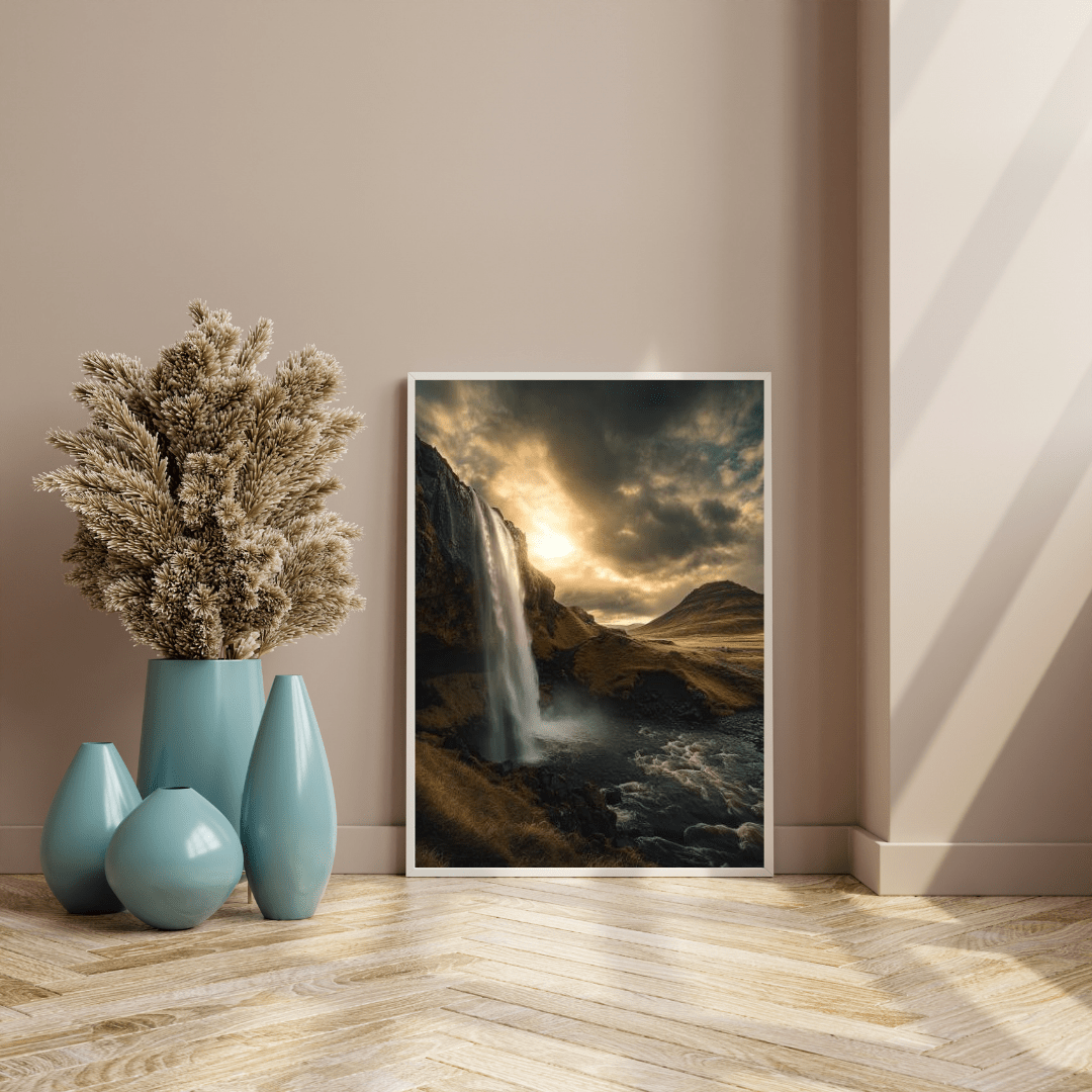 Majestic Waterfall at Sunset - Landscape Wall Art - Aestheticanvas