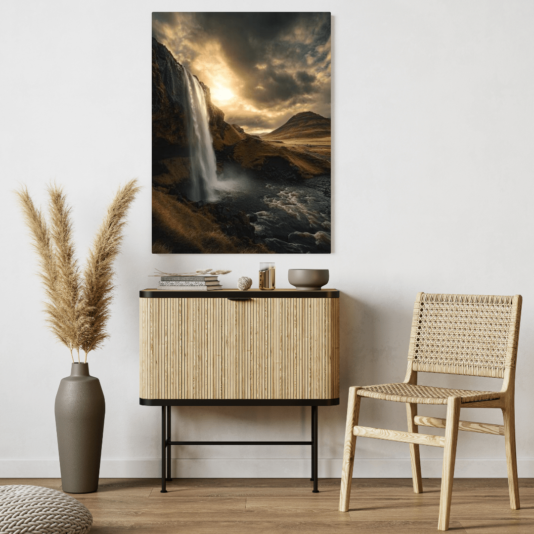 Majestic Waterfall at Sunset - Landscape Wall Art - Aestheticanvas