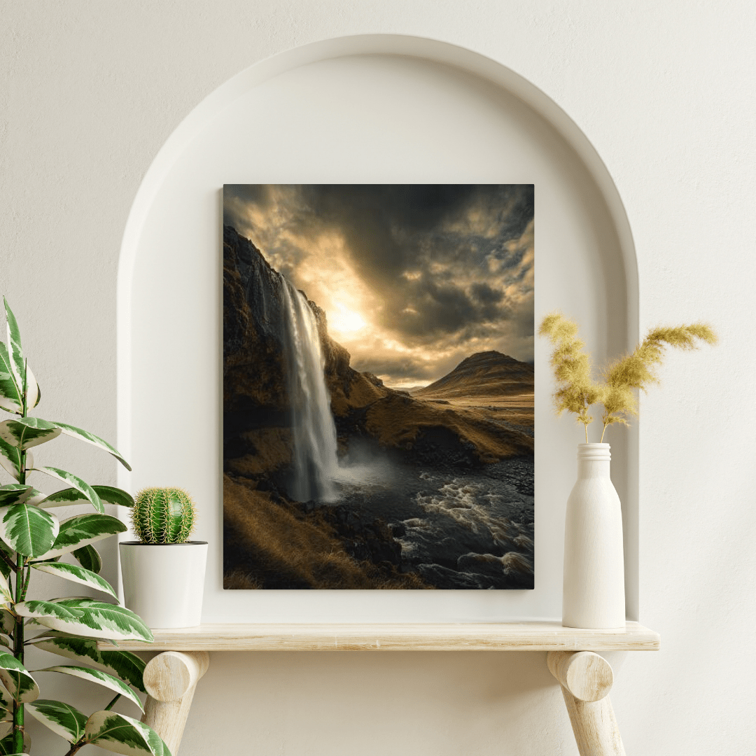 Majestic Waterfall at Sunset - Landscape Wall Art - Aestheticanvas