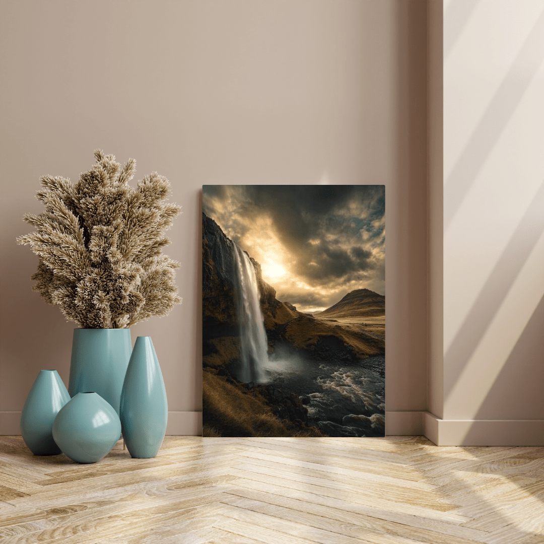 Majestic Waterfall at Sunset - Landscape Wall Art - Aestheticanvas