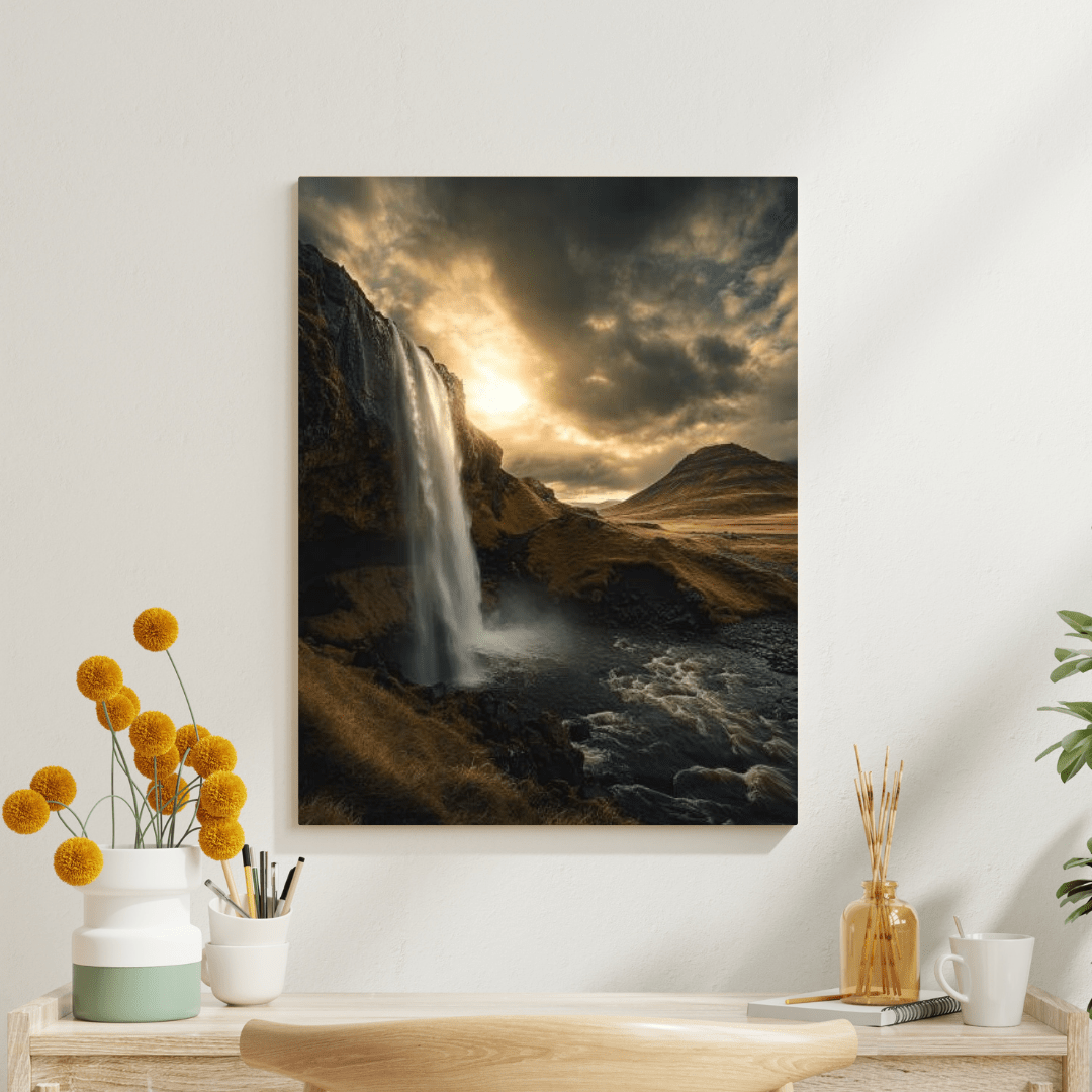 Majestic Waterfall at Sunset - Landscape Wall Art - Aestheticanvas